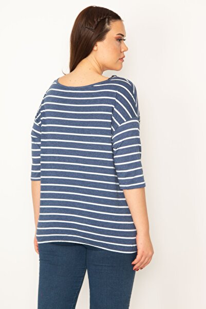 Şans Bluză cu dungi indigo cu mâneci joase pentru femei de mărime mare, cu guler pliat și detaliu elastic la tiv 65n26434
