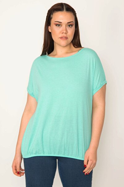 Şans Women's Plus Size Mint Double Sleeve Blouse with Elastic Hem 65n32422