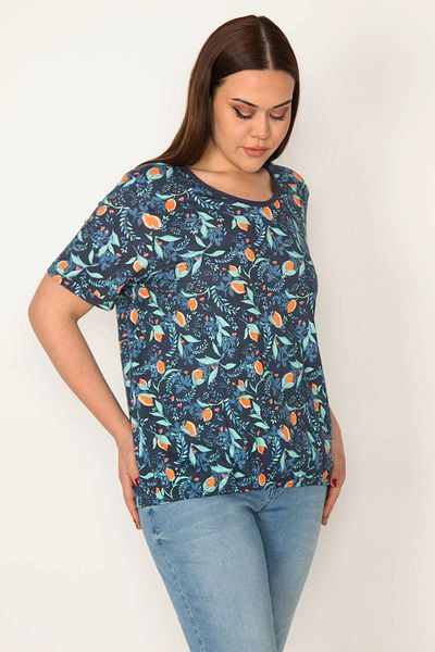Şans Women's Large Size Navy Blue Cotton Fabric Crew Neck Floral Patterned Blouse with Elastic Hem