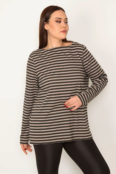 Şans Women's Plus Size Milk Coffee Crew Neck Long Sleeve Striped Blouse 65n32228