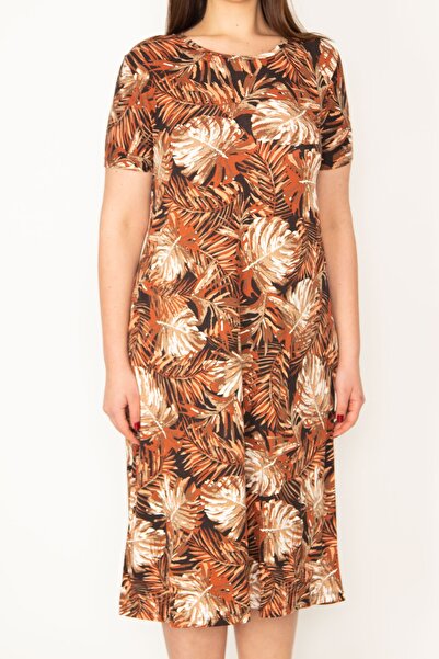 Şans Women's Large Size Tan Flower Patterned Short Sleeve Viscose Dress 65n32495