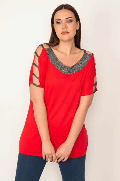 Şans Große Damen-Bluse aus Lycra-Viskose mit tiefem Ausschnitt, roter Schulterpartie und Glitzerdetails, 65n32779