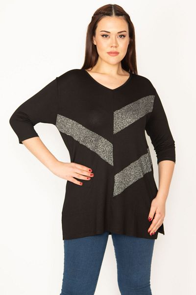 Şans Women's Plus Size Black Glitter Detailed Blouse 65n32405