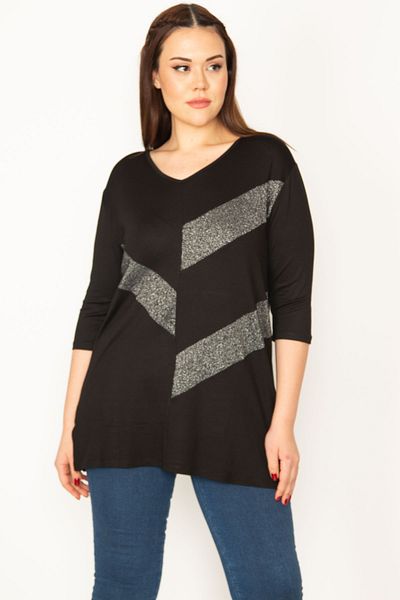 Şans Women's Plus Size Black Glitter Detailed Blouse 65n32405