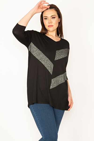 Şans Women's Plus Size Black Glitter Detailed Blouse 65n32405