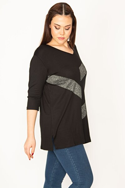 Şans Women's Plus Size Black Glitter Detailed Blouse 65n32405