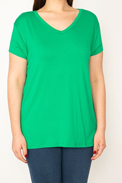 Şans Γυναικεία κοντομάνικη μπλούζα με λαιμόκοψη σε μεγάλο μέγεθος πράσινη 65n32381