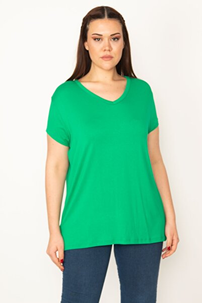 Şans Γυναικεία κοντομάνικη μπλούζα με λαιμόκοψη σε μεγάλο μέγεθος πράσινη 65n32381