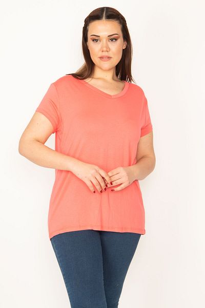 Şans Women's Large Size Pink V-Neck Short Sleeve Blouse 65n32381