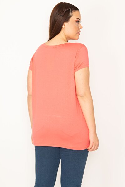 Şans Women's Large Size Pink V-Neck Short Sleeve Blouse 65n32381