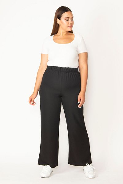 Şans Women's Large Size Black Elastic Waist Trousers 65n32153