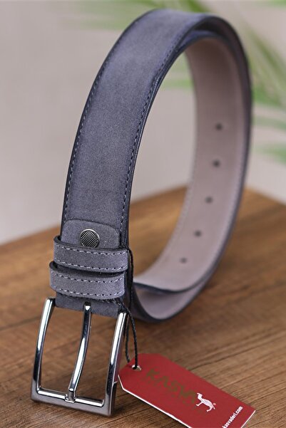 KASVA DERİ حزام كلاسيكي من جلد الغزال الرمادي مقاس 3.5 سم