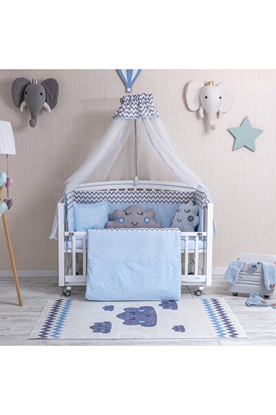 Mini Baby Figürlü Mavi Beşik Bebek Uyku Seti Cibinlikli 60x120
