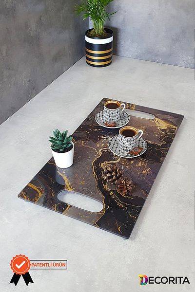 Decorita Glass Tray| Brown Glitter Marble| 29cm X 52cm