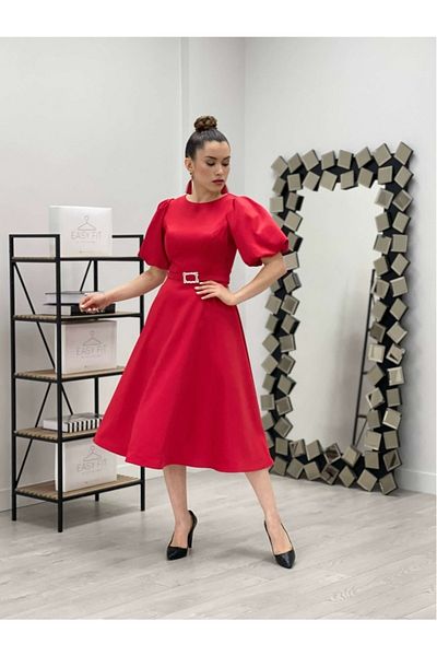 giyimmasalı Satin Fabric Midi Dress with Belt Detail - Red