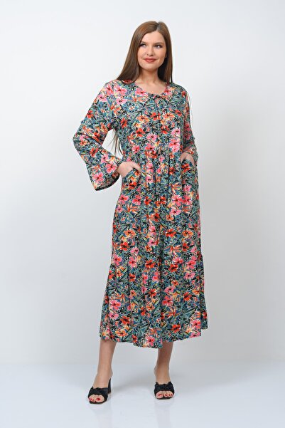 TUSSE Довга сукня з довгими рукавами, бавовняна тканина, еластичний пояс, киш...