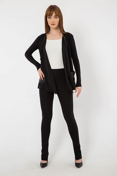 Laranor Black Shawl Collar Cardigan with Leather Pocket Detail