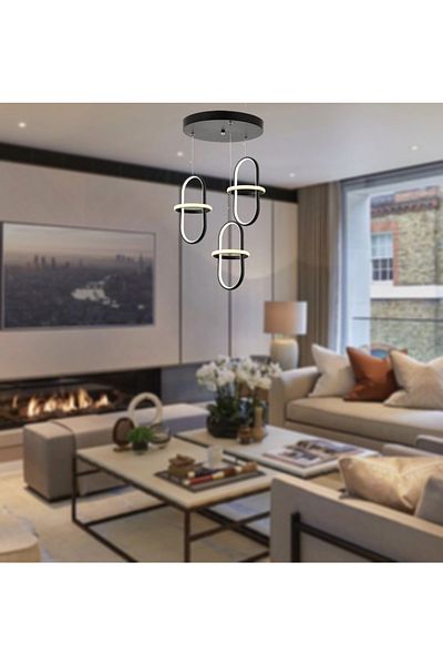 TT AYDINLATMA Minyon Model Tt006-3y-sy - Yellow Light LED, 3-Piece Matte Black Round LED Chandelier