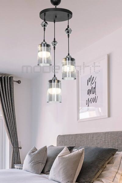 Modelight Ceylin 3lü Siyah Optik Füme Camlı Avize