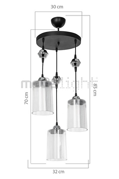 Modelight Ceylin 3lü Siyah Optik Şeffaf Camlı Avize