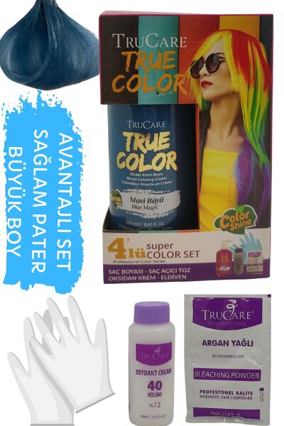 Trucare Truecolor Mavi Büyü Renkli Neon Saç Boyası Seti Saç Açıcı Ve Eldivenli