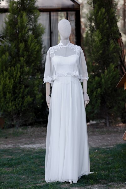 bride in love Dantel Detay Tül Pelerinli Sifon Gelinlik/nikah Elbisesi