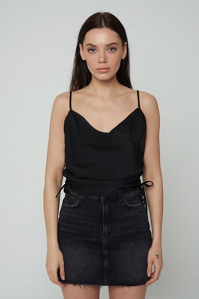 CROSS JEANS Black Degaje Collar Strap Side Gathered Blouse 75405-020