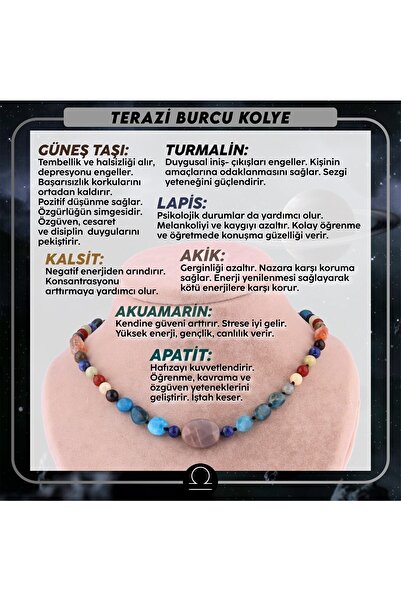 OSMANLI DOĞAL TAŞ Sertifikalı Terazi Burcu Kolye - Mavi Akik,pembe Kuvars , Labradorit , Apatit , Ametist