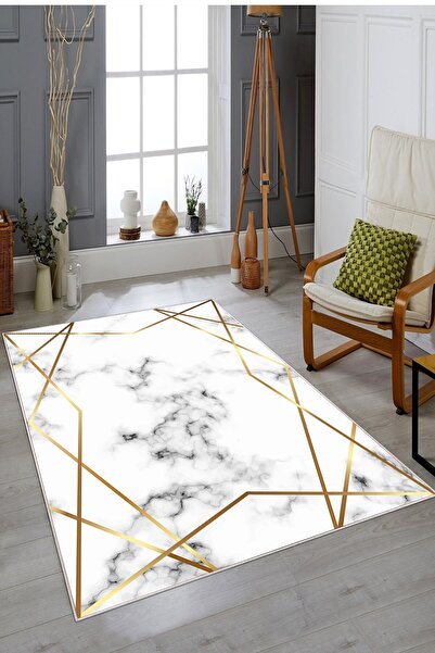 on the clouds Beyaz Zemin Gold Çerçeveli Yıkanabilir Kaymaz Taban Leke Tutmaz...