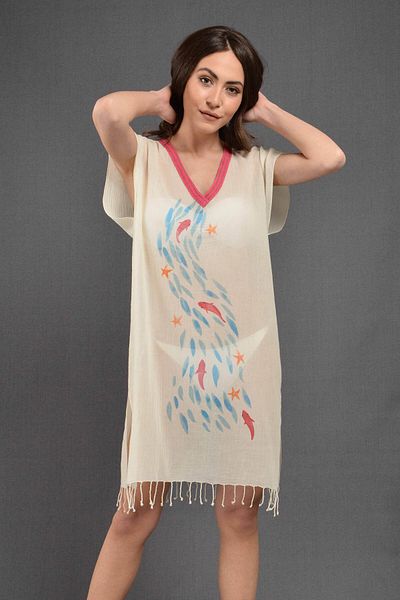 Dosimira Wavy Fish Pattern 100% Cotton Collar Pareo / Beach Dress