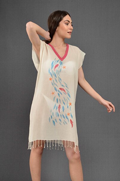 Dosimira Wavy Fish Pattern 100% Cotton Collar Pareo / Beach Dress