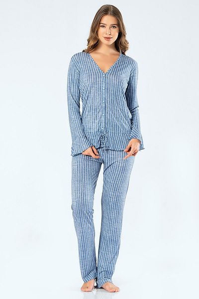 TÜREN Long Sleeve Striped V-Neck Front Button Summer Women's Pajamas Set