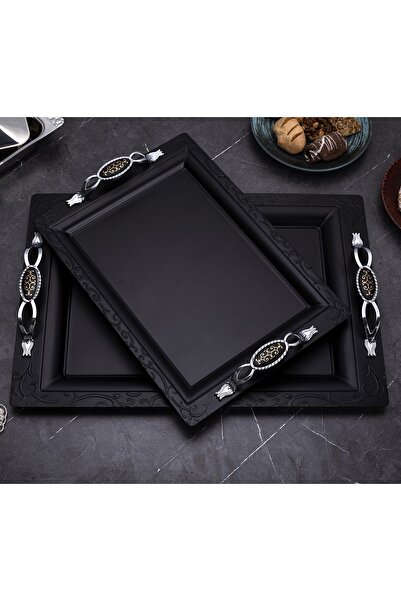 ÖZBURAK Mat Siyah Lüx 2'li Çay Servis Ve Sunum Tepsisi