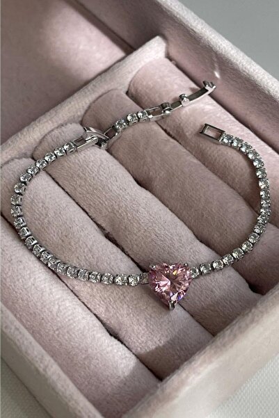 Labone Accessories Zirkon Taşlı Pembe Kalp Pırlanta Montürlü Su Yolu Bileklik