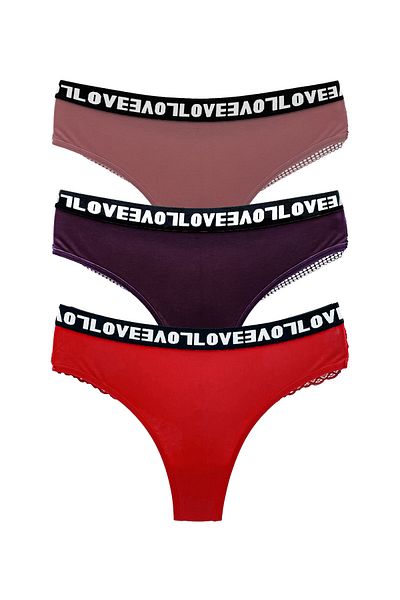 HNX Pachet de 3 chiloți de damă din bumbac elastic Love cu dantelă la spate