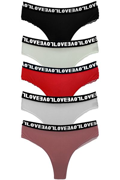 HNX Pachet de 5 chiloți de damă din bumbac elastic Love cu dantelă la spate
