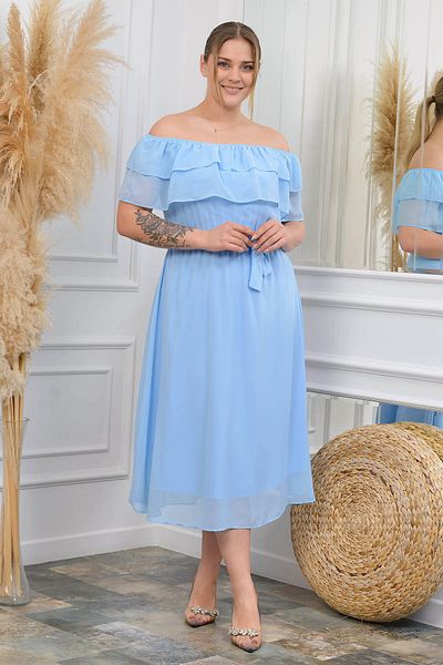 Neşeli Butik Γυναικείο Baby Blue Belted Plus Size Φόρεμα σιφόν Nb8061