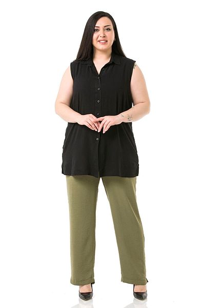 DISENTIS MODEST Linen Aerobin Khaki Trousers - Plus Size, Elastic Waist, Pocket and Slit Leg