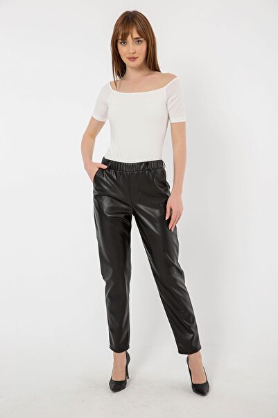 Laranor Μαύρο ελαστικό στη μέση παντελόνι από τεχνητό δέρμα επένδυση fleece με πλαϊνές τσέπες