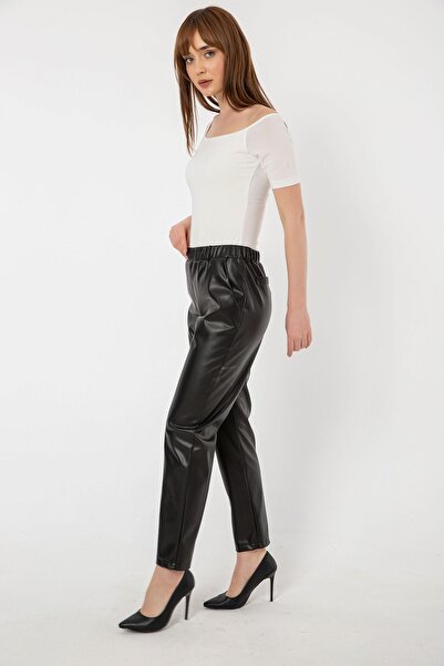 Laranor Μαύρο ελαστικό στη μέση παντελόνι από τεχνητό δέρμα επένδυση fleece με πλαϊνές τσέπες