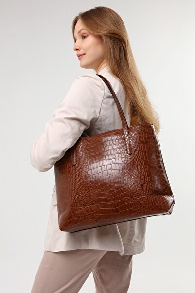 Luvenis Τσάντα χεριού και ώμου σε μεγάλο μέγεθος γυναικεία κροκόδειλο μοτίβο μαύρο χρώμα