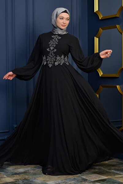 poplinmoda Güpürlü Şifon Tesettür Abiye 3019 Siyah