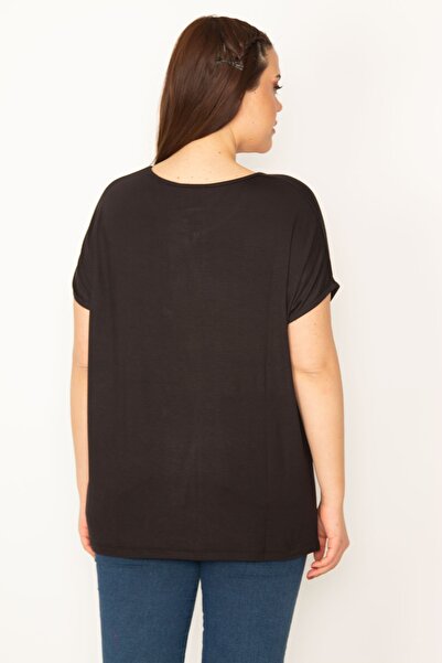 Şans Γυναικεία μπλούζα μεγάλου μεγέθους μαύρη στάμπα με λεπτομερή χαμηλά μανίκια 65n22675