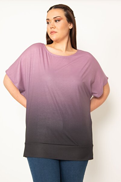 Şans Women's Large Size Lilac Batik Patterned Low Sleeve Banded Blouse 65n22754