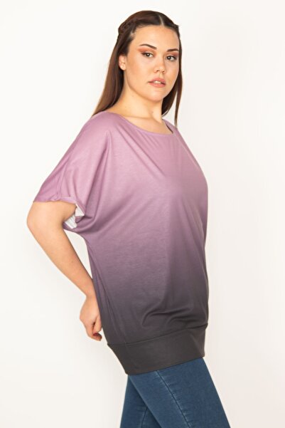 Şans Women's Large Size Lilac Batik Patterned Low Sleeve Banded Blouse 65n22754