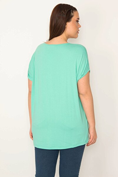 Şans Women's Large Size Green Print Detailed Low Sleeve Blouse 65n22675