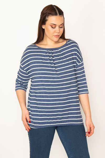 Şans Women's Large Size Indigo Low Sleeve Striped Blouse with Pleat Collar and Elastic Detail at the Hem 65n26434