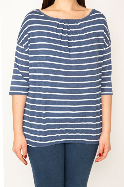 Şans Bluză cu dungi indigo cu mâneci joase pentru femei de mărime mare, cu guler pliat și detaliu elastic la tiv 65n26434