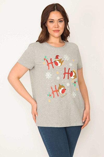Şans Women's Large Size Gray Glitter Printed Blouse 65n32439
