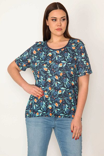 Şans Women's Large Size Navy Blue Cotton Fabric Crew Neck Floral Patterned Blouse with Elastic Hem